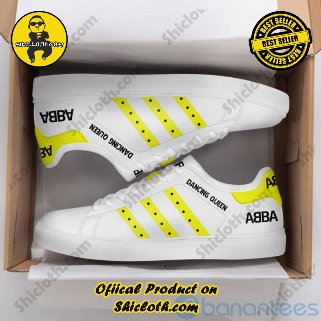 Abba Dancing Queen White Striped Yellow Adidas Stan Smith Shoes - Shicloth