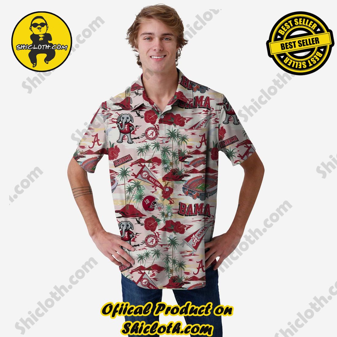 Top Trending Hawaiian Shirt And Short in Shicloth !!! 16 Alabama Crimson Tide Thematic Stadium Print Button Up Shirt