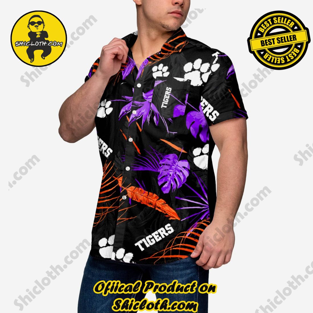 HOT HIT Hawaiian Shirt And Short in Shicloth !!! 14 Clemson Tigers Neon Palm Button Up Shirt