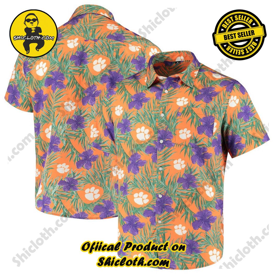 Clemson Tigers Orange Green Floral Button-Up Hawaiian Shirt