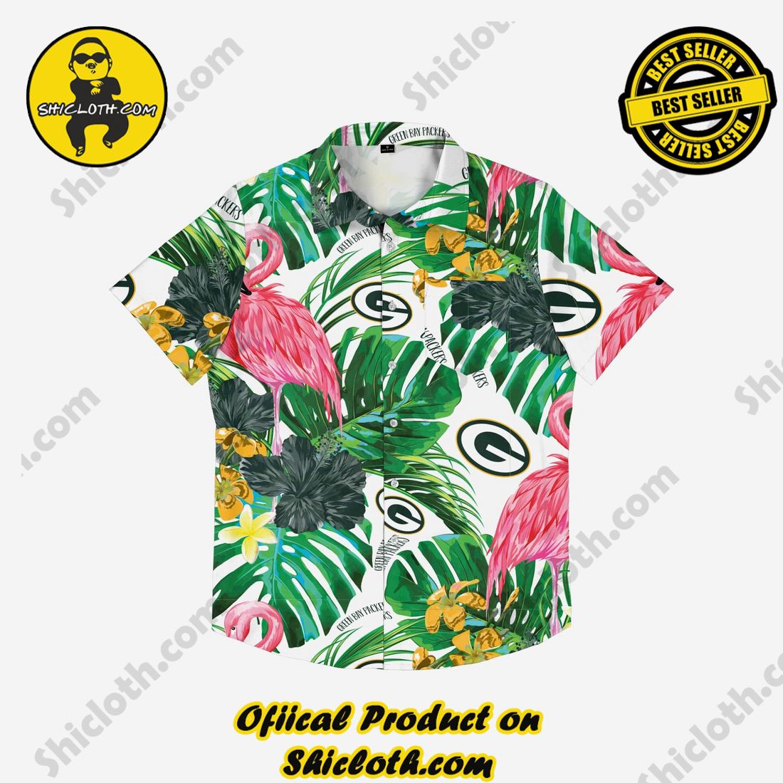 Green Bay Packers Flamingo Button Up Shirt 3 Green Bay Packers Flamingo Button Up Shirt - Image 3