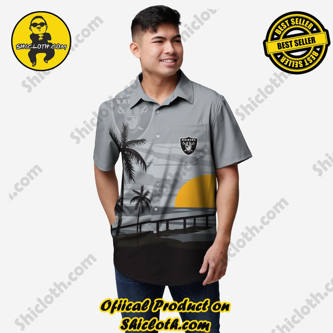 Las Vegas Raiders Tropical Sunset Button Up Shirt