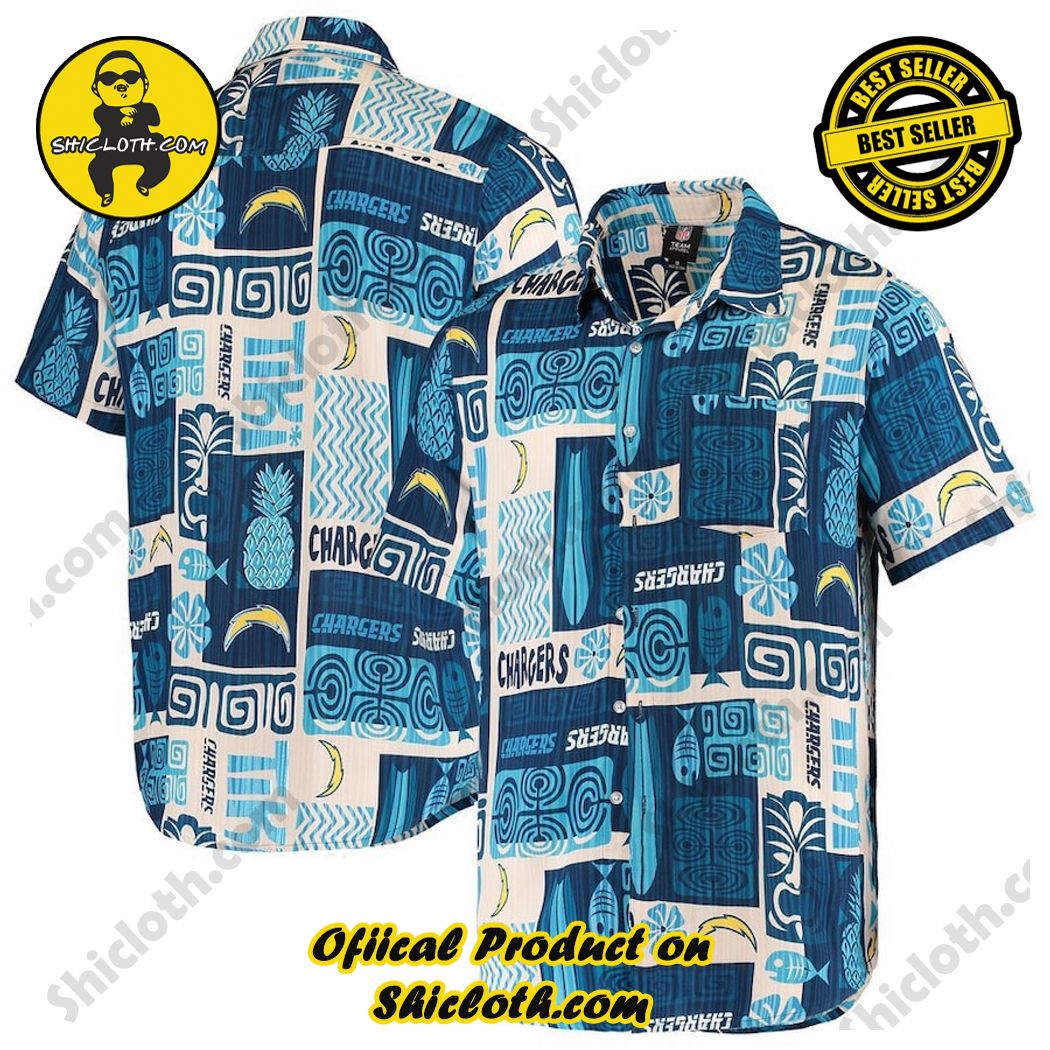 Los Angeles Chargers Navy Tan Tiki Floral Button-Up Woven Hawaiian Shirt