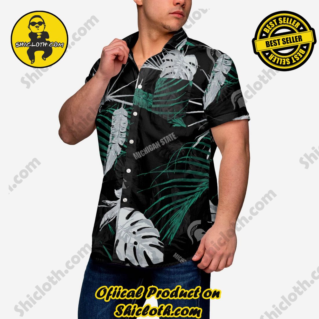 Michigan State Spartans Neon Palm Button Up Shirt 1 Michigan State Spartans Neon Palm Button Up Shirt