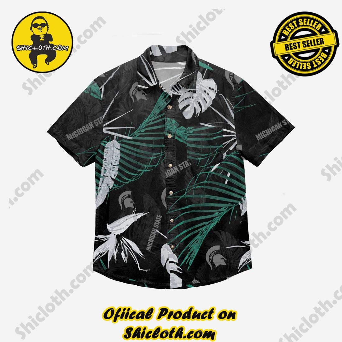 Michigan State Spartans Neon Palm Button Up Shirt 2 Michigan State Spartans Neon Palm Button Up Shirt - Image 2