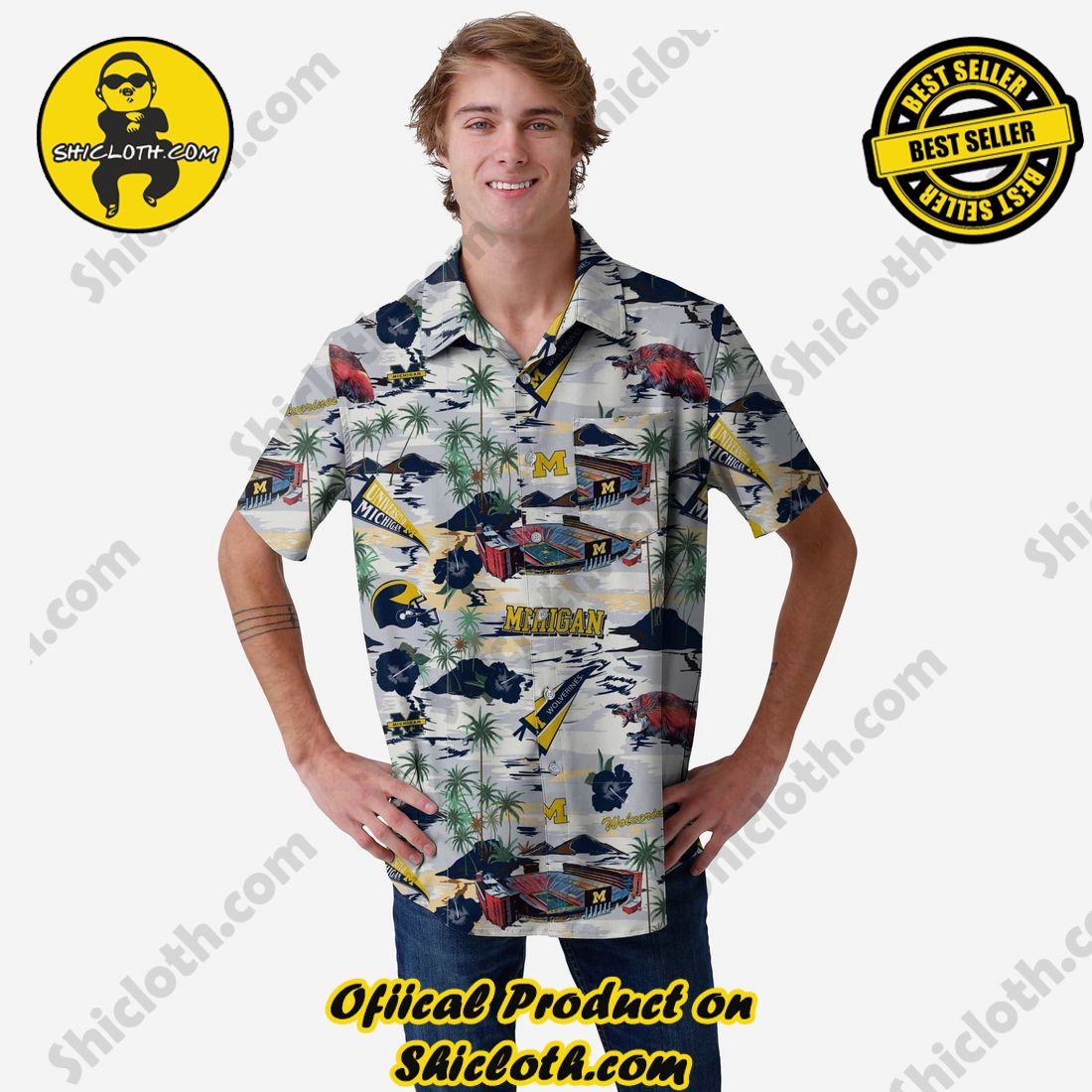 Best Seller Hawaiian Shirt And Short in Shicloth !!! Buy it now 5 Michigan Wolverines Thematic Stadium Print Button Up Shirt
