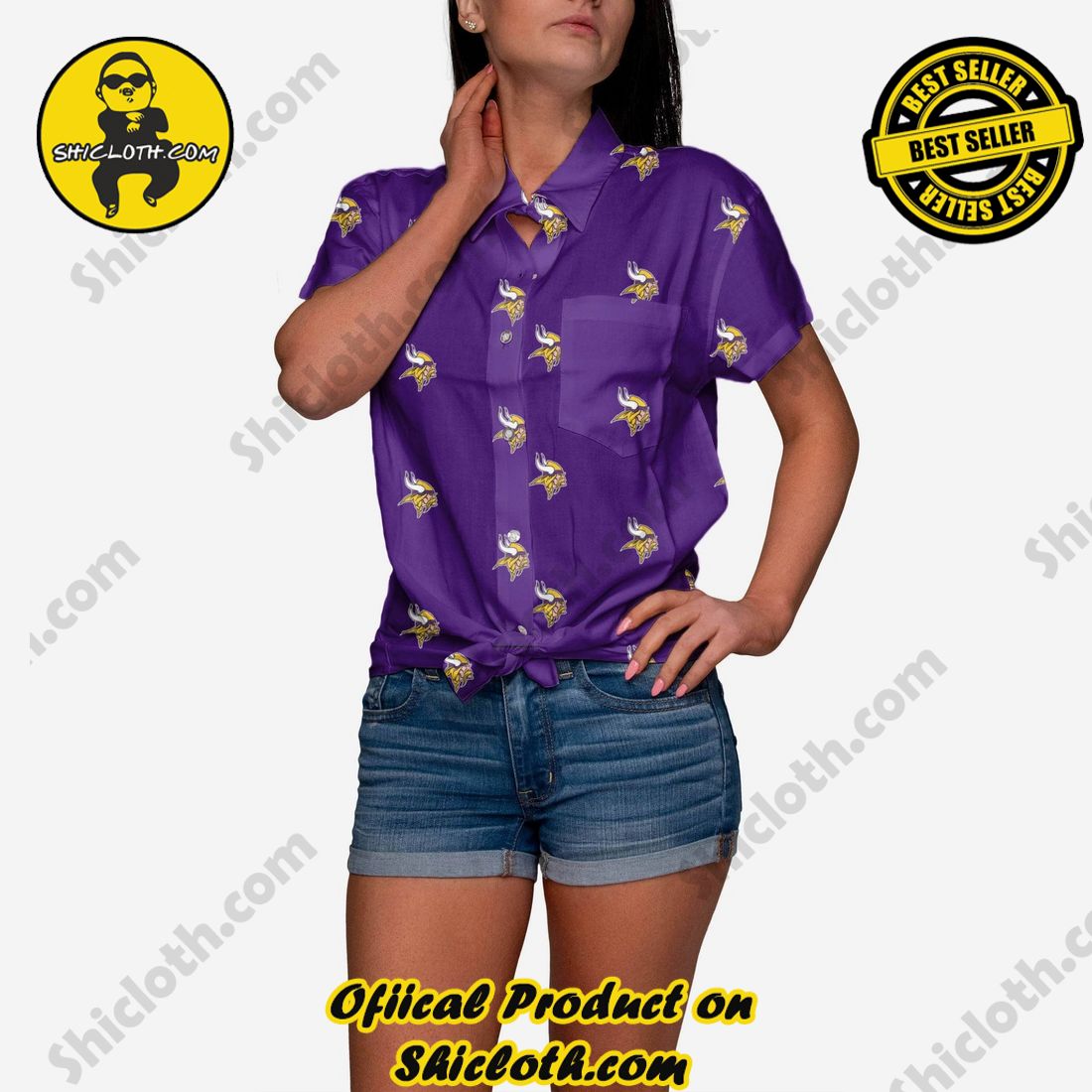 NEW Hawaiian Shirt And Short in Shicloth 11 Minnesota Vikings Logo Blast Womens Button Up Shirt