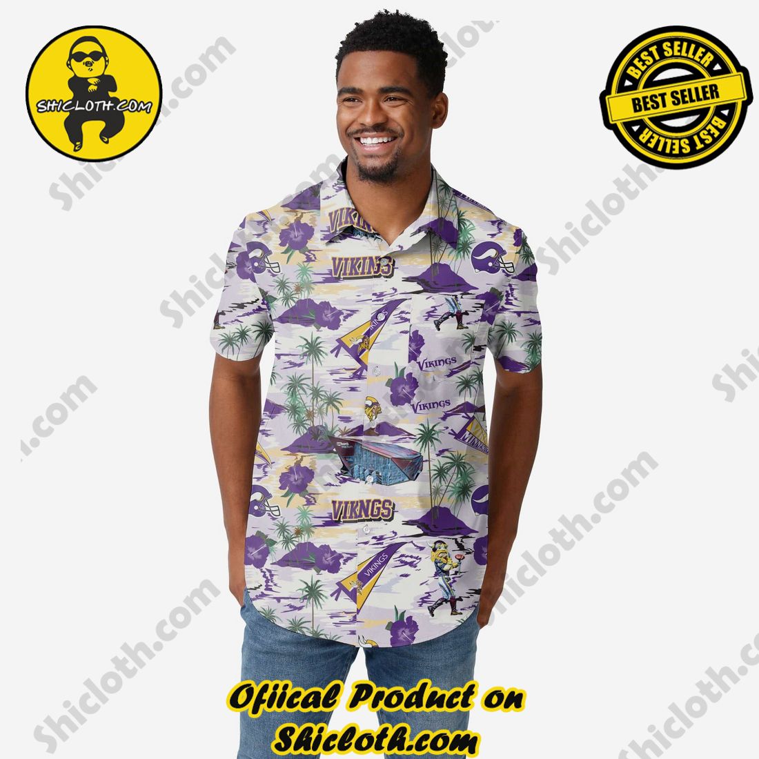 NEW Hawaiian Shirt And Short in Shicloth 13 Minnesota Vikings Thematic Stadium Print Button Up Shirt