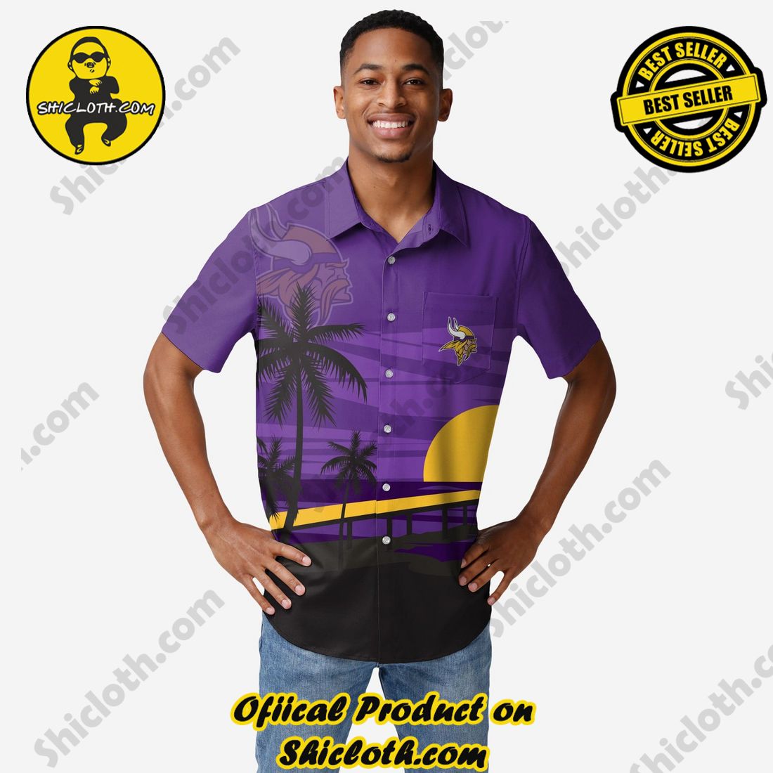 NEW Hawaiian Shirt And Short in Shicloth 14 Minnesota Vikings Tropical Sunset Button Up Shirt