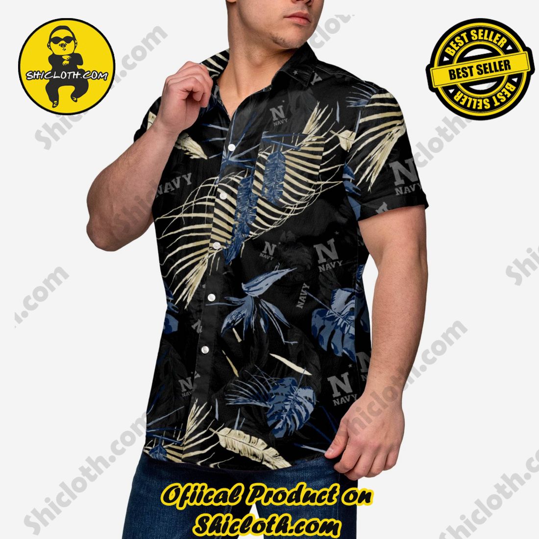 Best Seller Hawaiian Shirt And Short in Shicloth !!! Buy it now 14 Navy Midshipmen Neon Palm Button Up Shirt