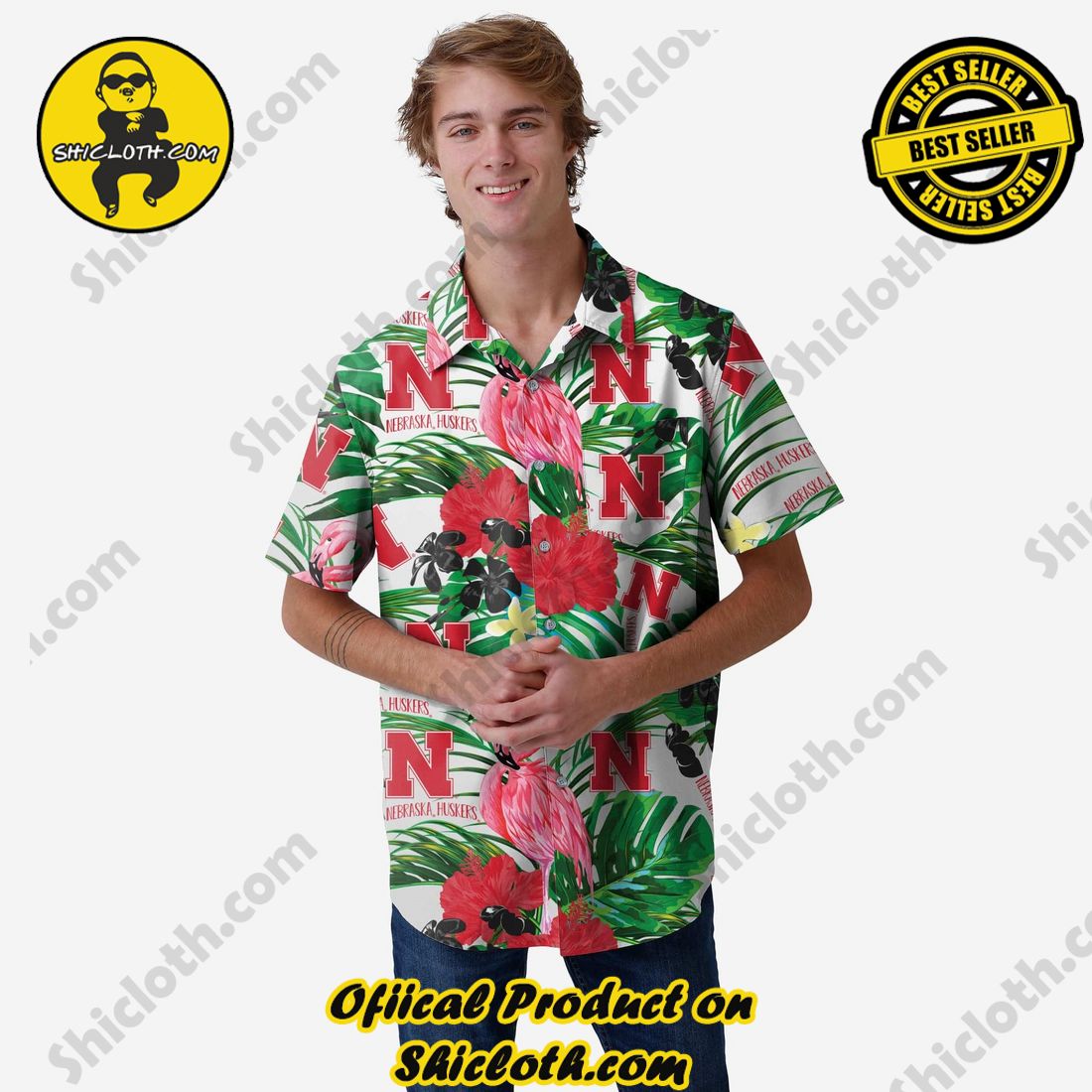 Best Seller Hawaiian Shirt And Short in Shicloth !!! Buy it now 18 Nebraska Cornhuskers Flamingo Button Up Shirt