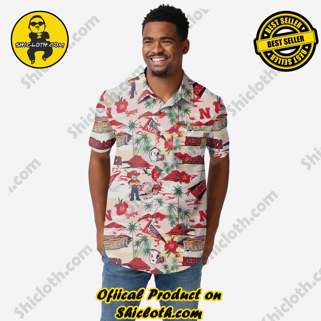 Best Seller Hawaiian Shirt And Short in Shicloth !!! Buy it now 20 Nebraska Cornhuskers Thematic Stadium Print Button Up Shirt