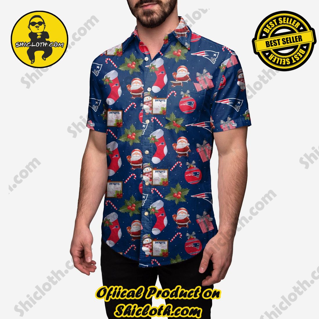 NEW Hawaiian Shirt And Short in Shicloth 18 New England Patriots Christmas Explosion Button Up Shirt