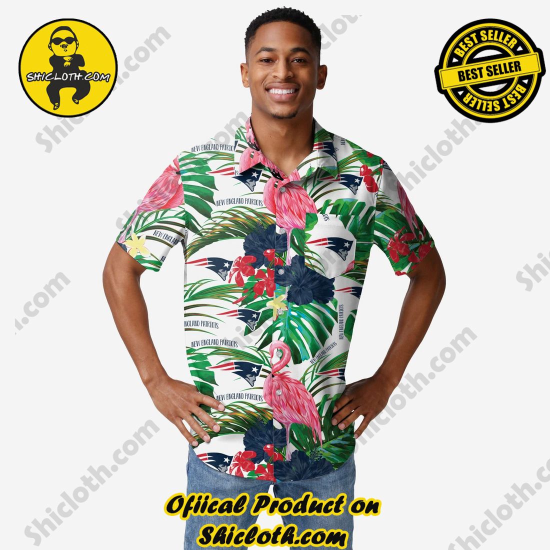 NEW Hawaiian Shirt And Short in Shicloth 20 New England Patriots Flamingo Button Up Shirt