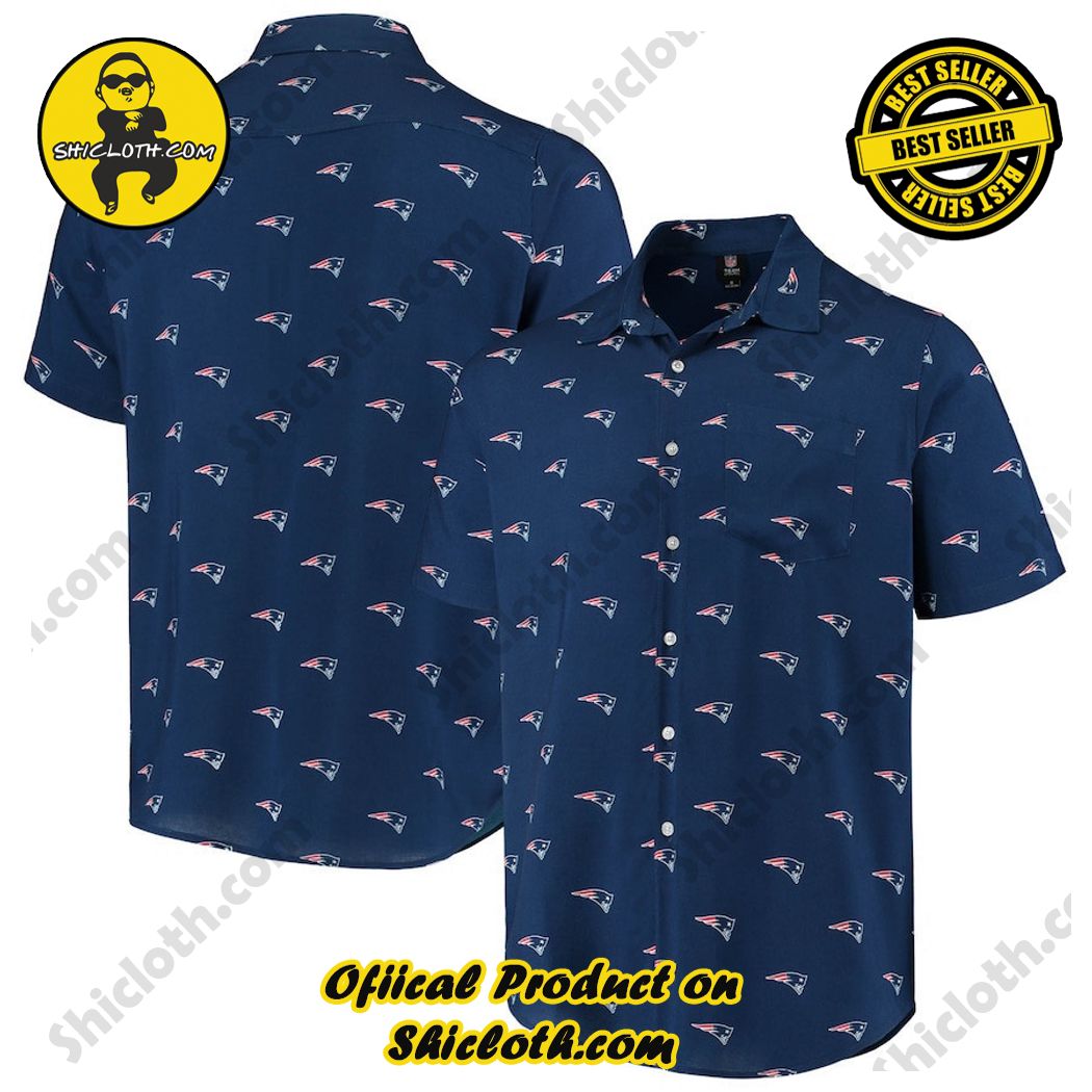 New England Patriots Navy Mini Print Logo Woven Button-Up Hawaiian Shirt