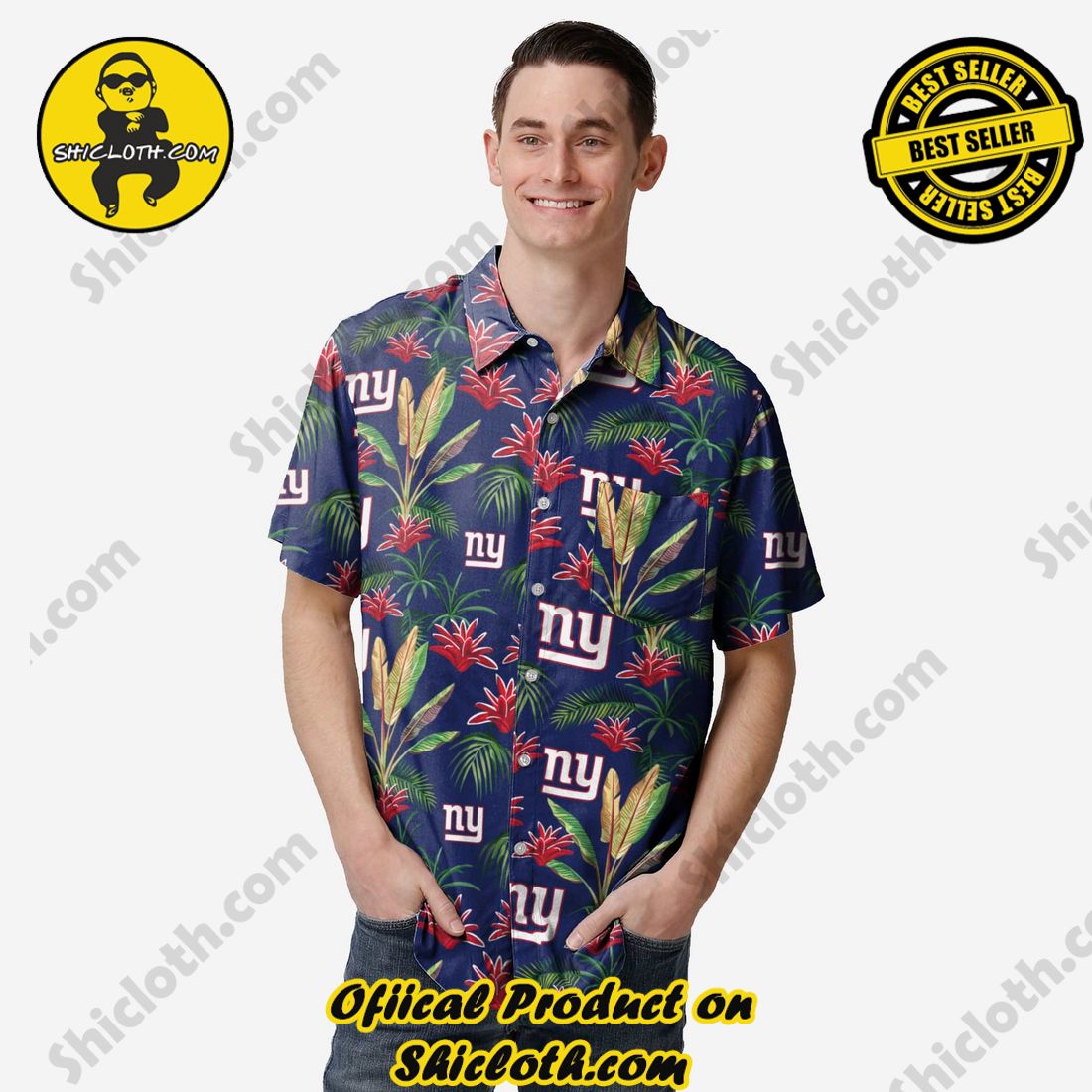 New York Giants Short Sleeve Button Up Tropical Aloha Hawaiian