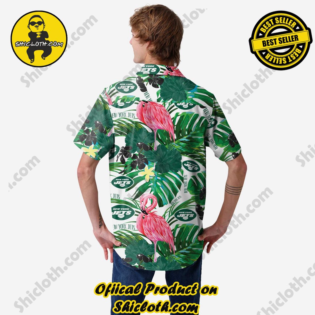 New York Jets Flamingo Button Up Shirt - Shicloth