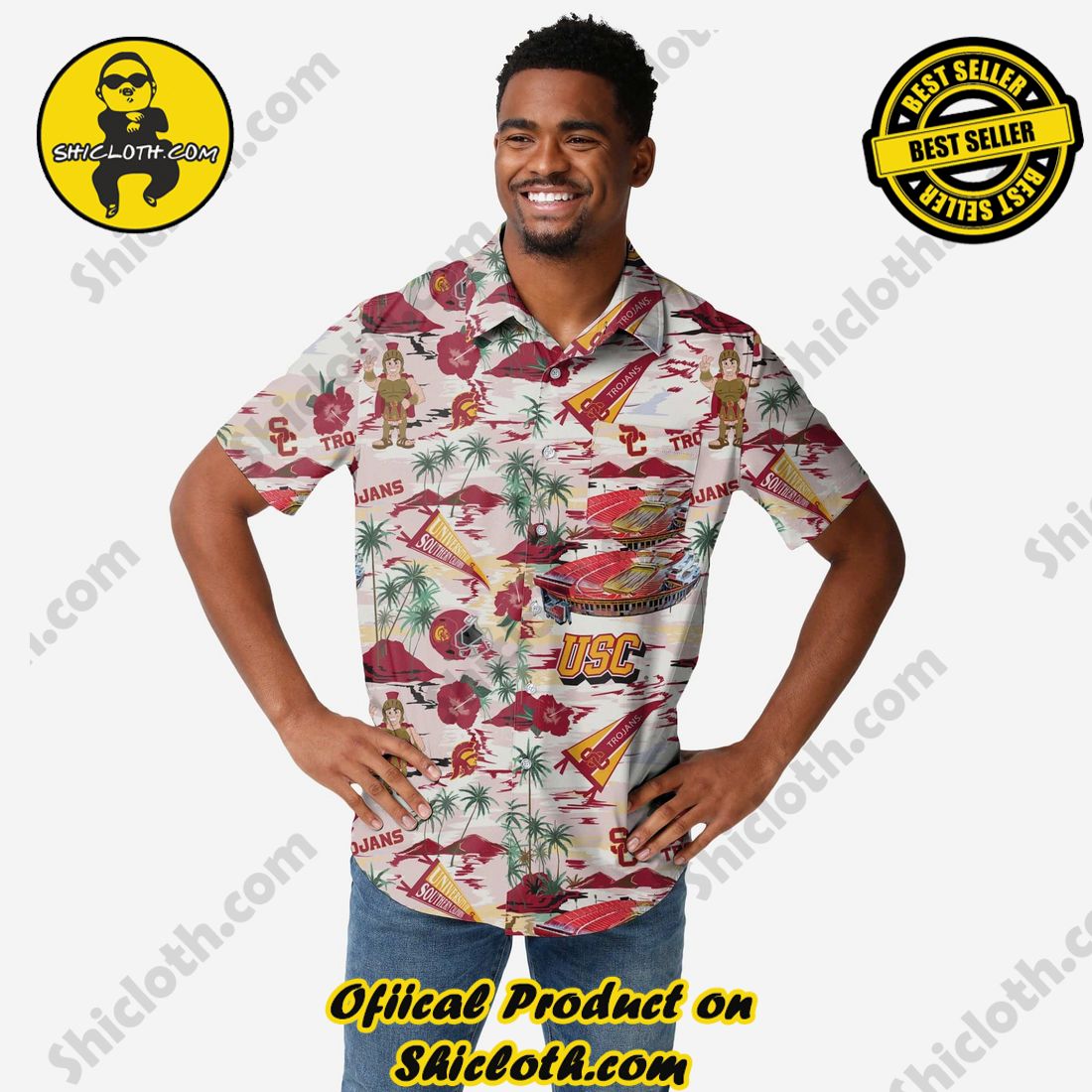 Best Seller Hawaiian Shirt And Short in Shicloth !!! Own it now 4 USC Trojans Thematic Stadium Print Button Up Shirt