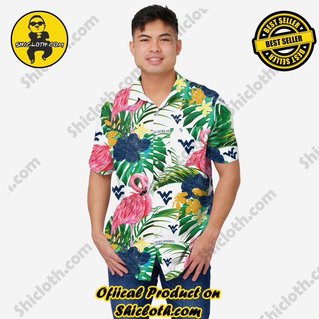 Best Seller Hawaiian Shirt And Short in Shicloth !!! Own it now 25 West Virginia Mountaineers Flamingo Button Up Shirt