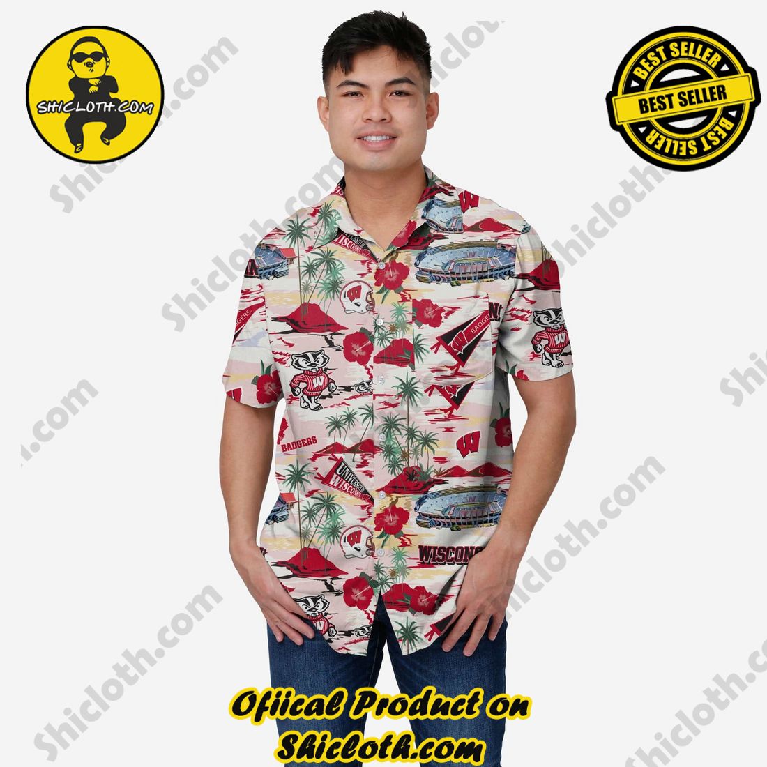 Best Seller Hawaiian Shirt And Short in Shicloth !!! Own it now 32 Wisconsin Badgers Thematic Stadium Print Button Up Shirt