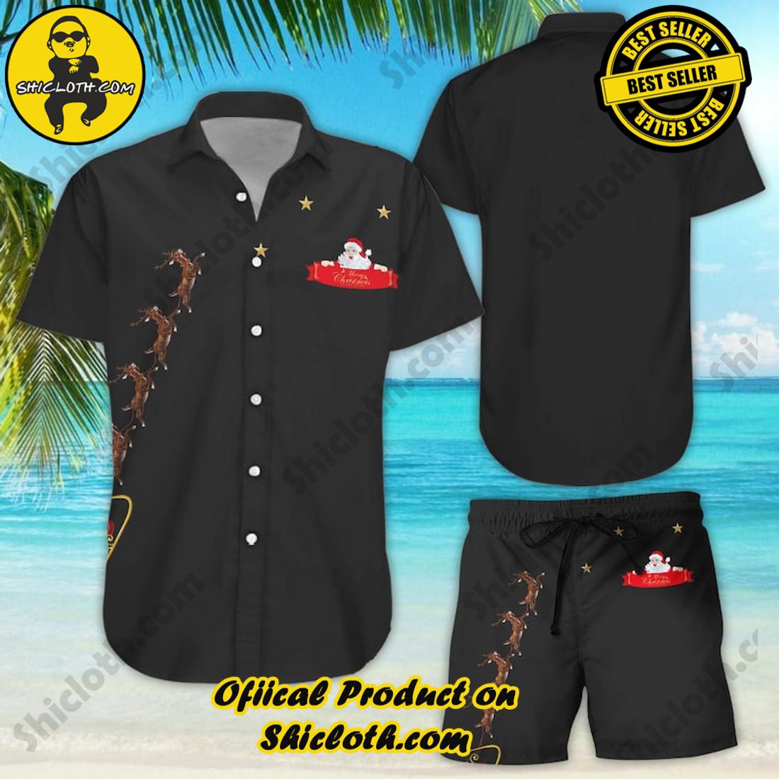 Bamboo Cay Peekaboo Santa Floral Black Hawaiian Shirt