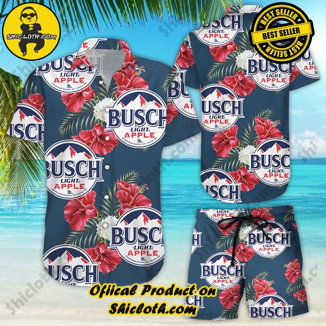 Busch Light Beer Red Apple Flavor Hibiscus Aloha Hawaiian Shirt