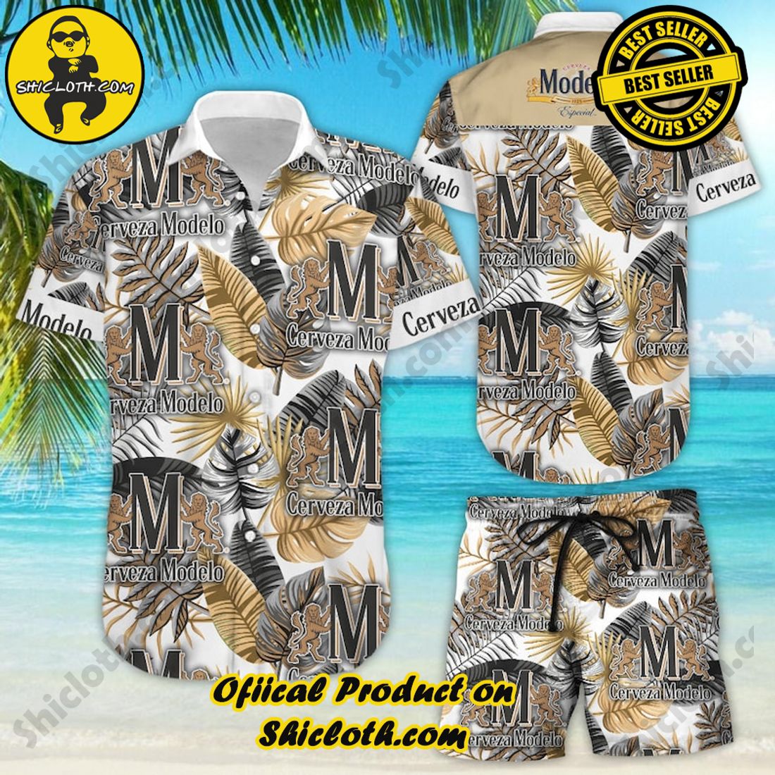 Cerveza Modelo Especial Beer Floral Tropical Yellow Black Hawaiian Shirt