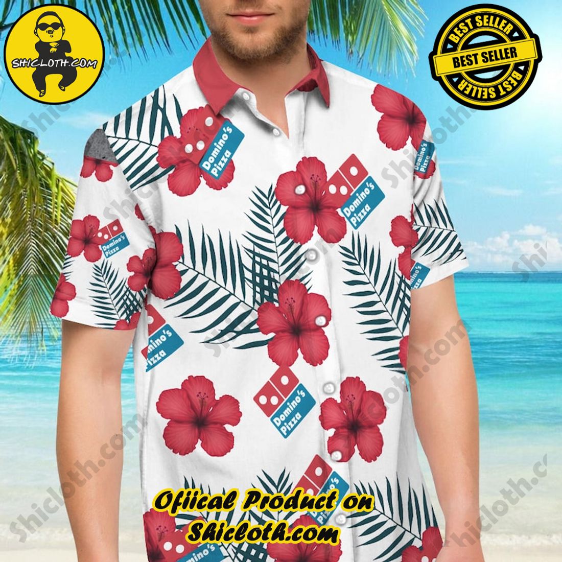 Alternative view of Dominos Pizza Hibiscus Aloha Hawaiian Shirt
