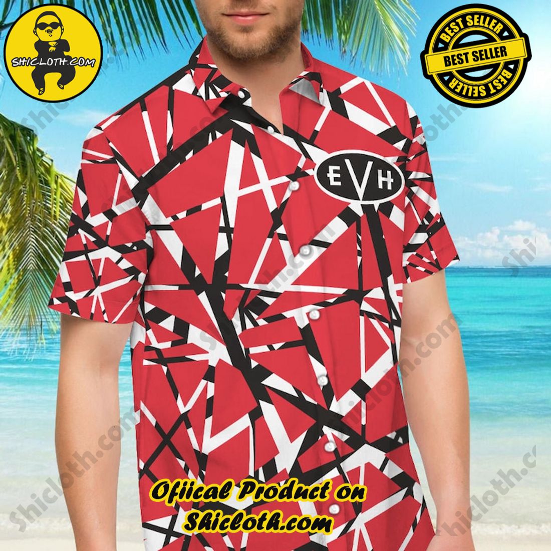 Alternative view of Eddie Van Halen Aloha Red Hawaiian Shirt