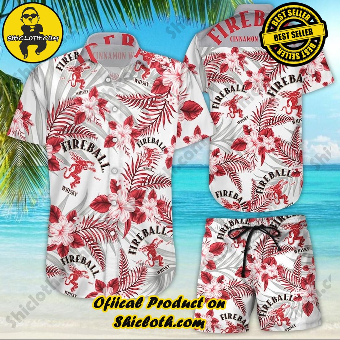 Fireball Cinnamon Whisky Floral Tropical Hawaiian Shirt