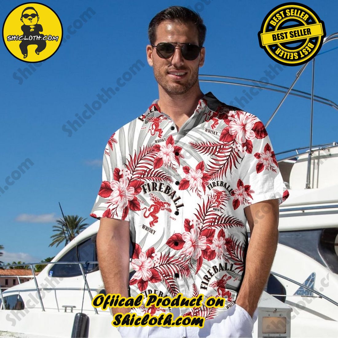 Alternative view of Fireball Cinnamon Whisky Floral Tropical Hawaiian Shirt