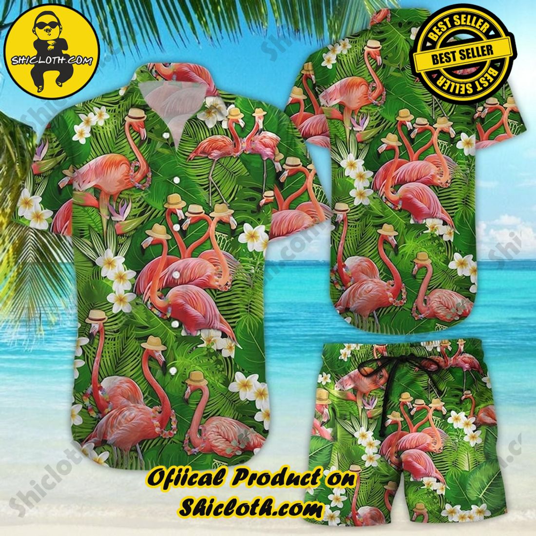 Flamingo Floral Aloha Green Hawaiian Shirt