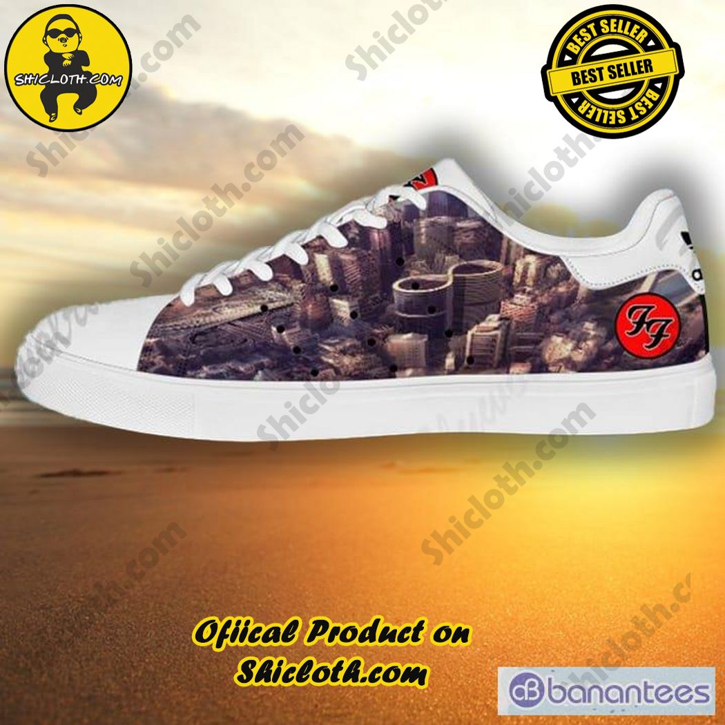 Only 60$. Best seller Stan Smith Shoes in Shicloth Store.Click here to buy !! 5 Foo Fighters Band Yellow Stripe Cream Adidas Stan Smith Low Top Shoes