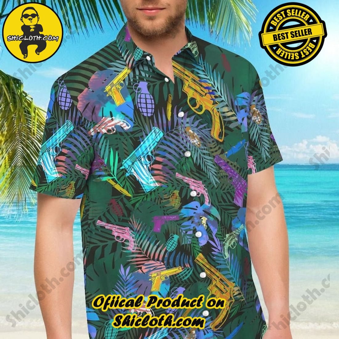 Alternative view of Golden Blue Gun Tropical Hawaiian Shirt