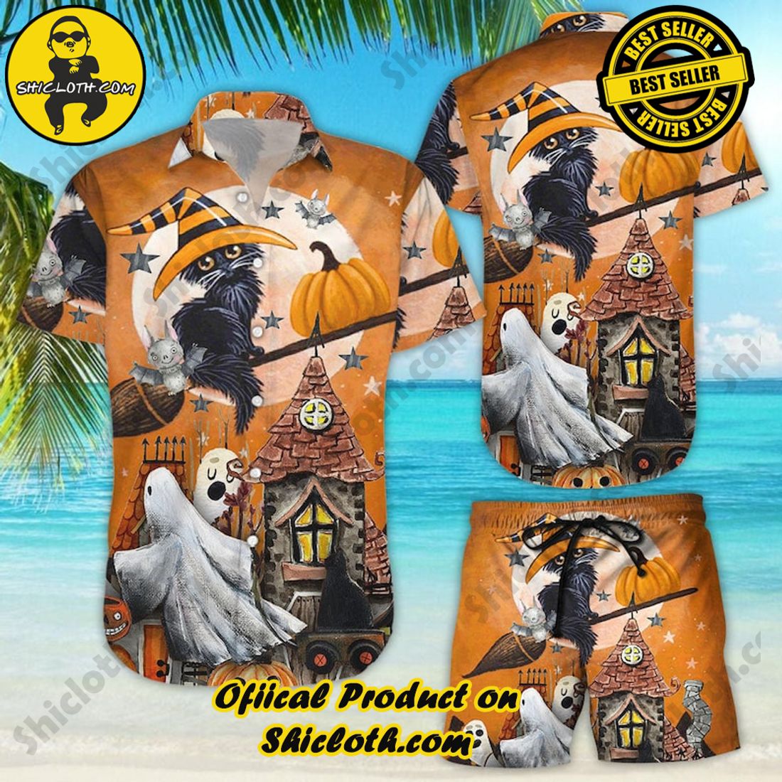 Halloween Cat Witch Ghost Aloha Hawaiian Shirt