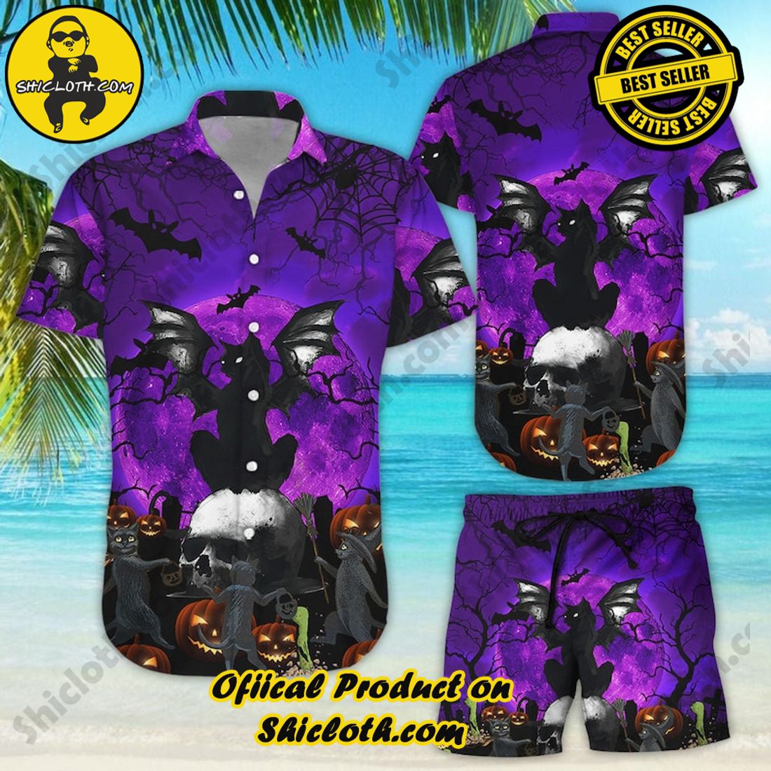 Halloween Scary Cat Purple Hawaiian Shirt