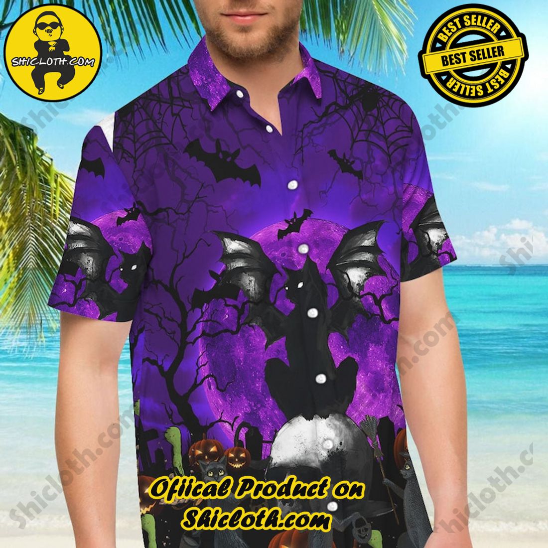 Alternative view of Halloween Scary Cat Purple Hawaiian Shirt