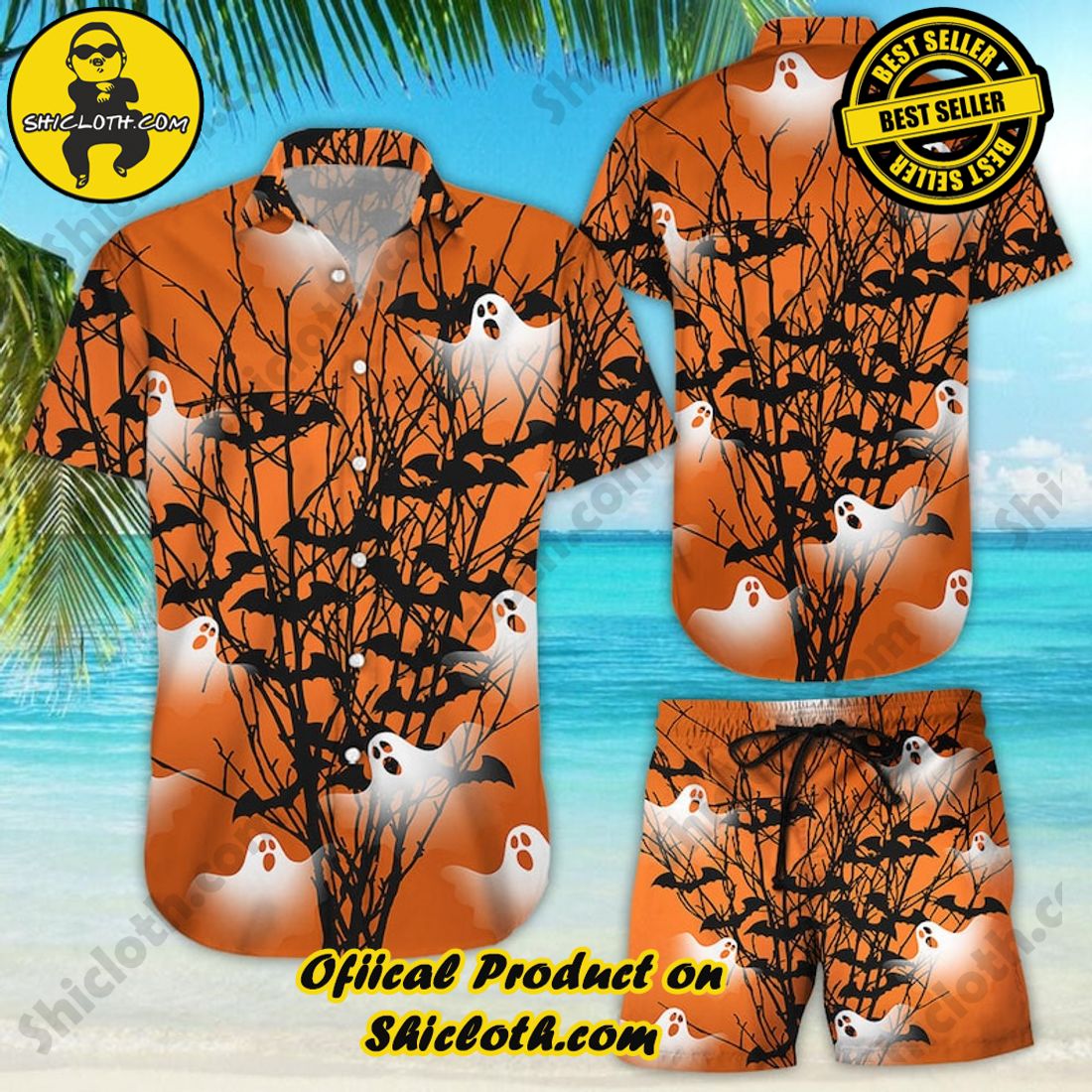Halloween Tree Ghost Bat Orange Hawaiian Shirt