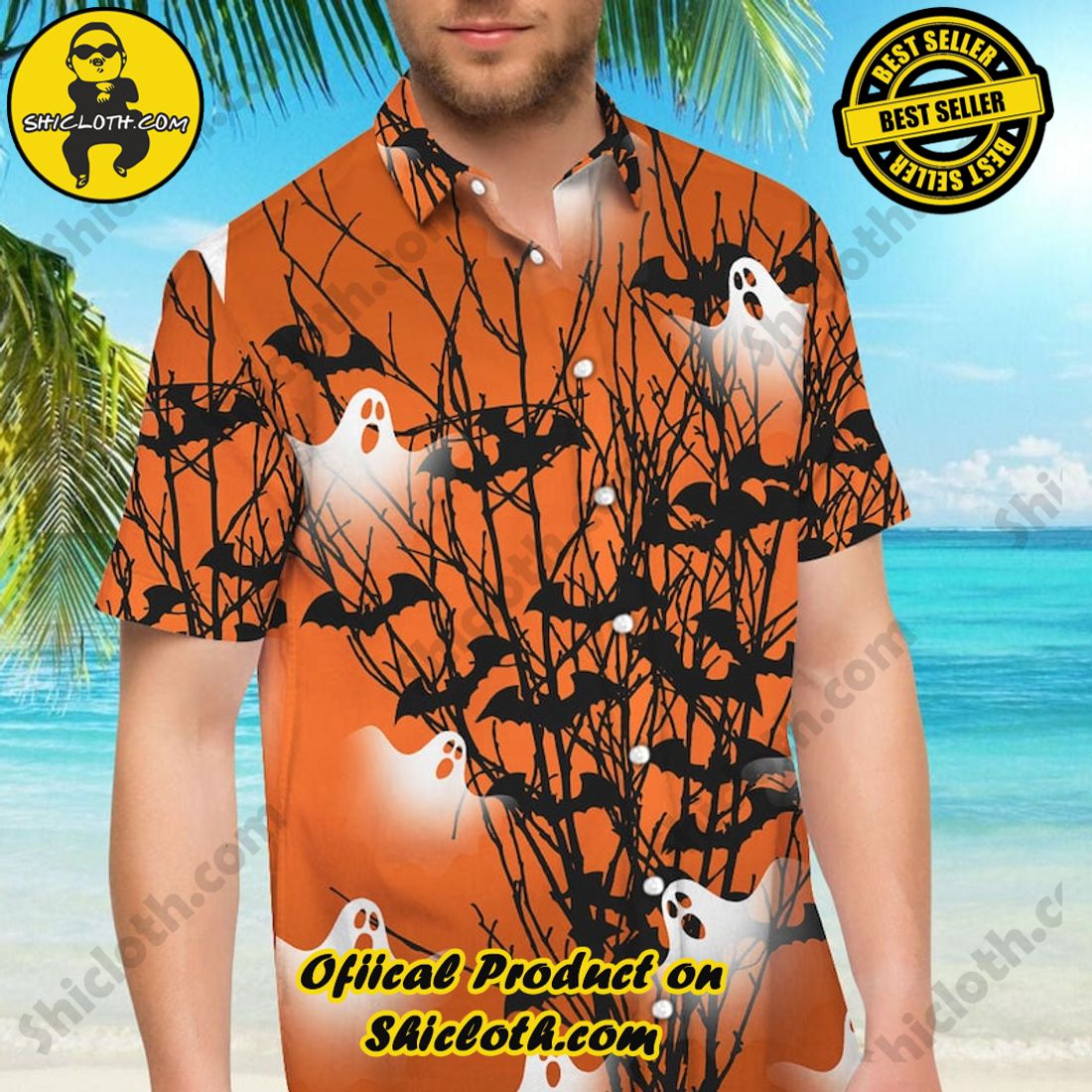 Alternative view of Halloween Tree Ghost Bat Orange Hawaiian Shirt