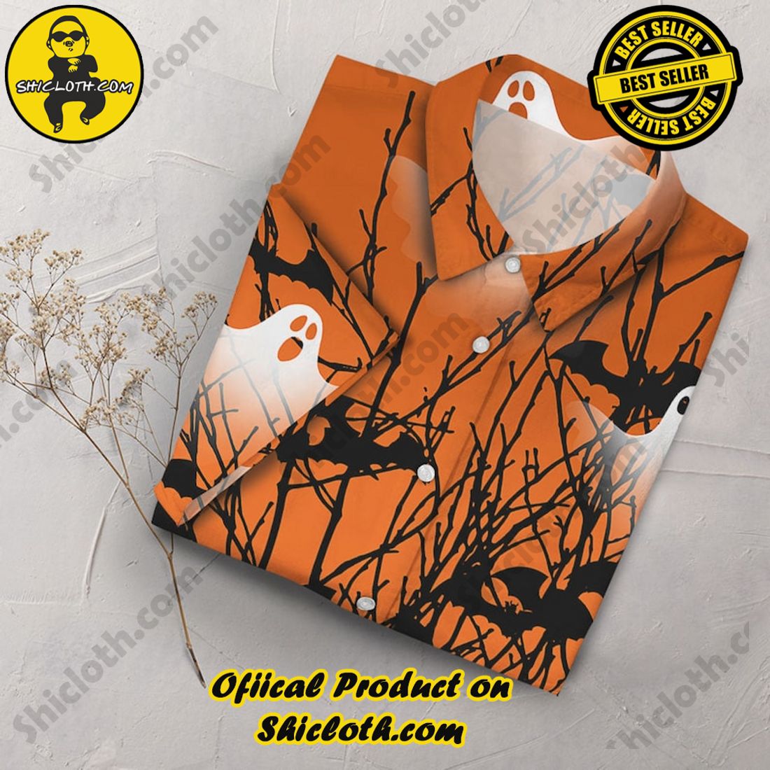 Halloween Tree Ghost Bat Orange Hawaiian Shirt 3 Halloween Tree Ghost Bat Orange Hawaiian Shirt - Image 3