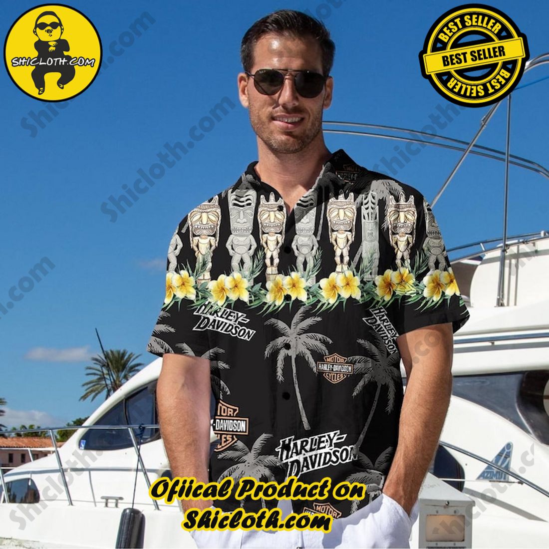 Alternative view of Harley Davidson Motorcycle Palm Tree Aloha Hawaiian Shirt