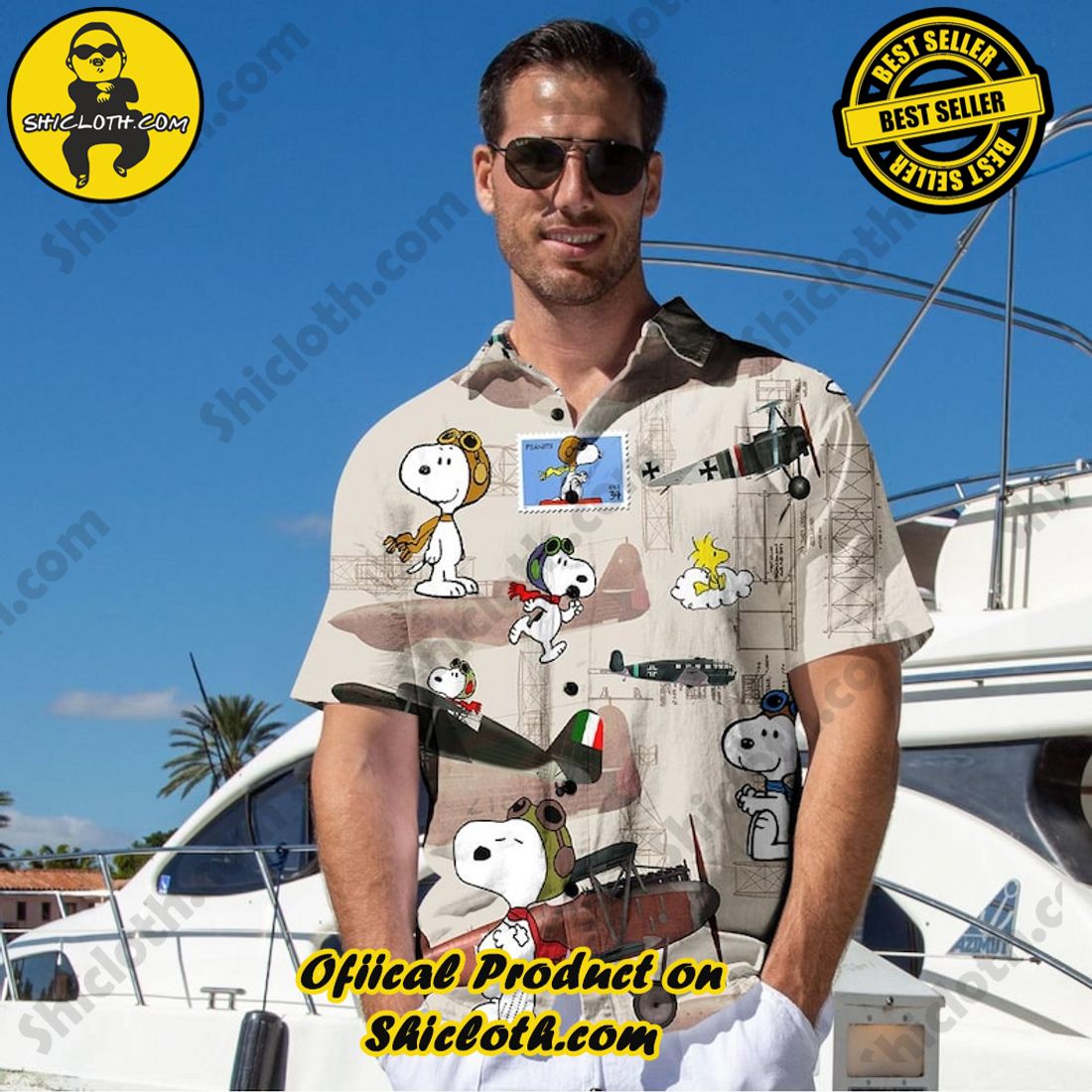 Alternative view of Hot Plane And Snoopy Peanuts Vintage Aloha Hawaiian Shirt