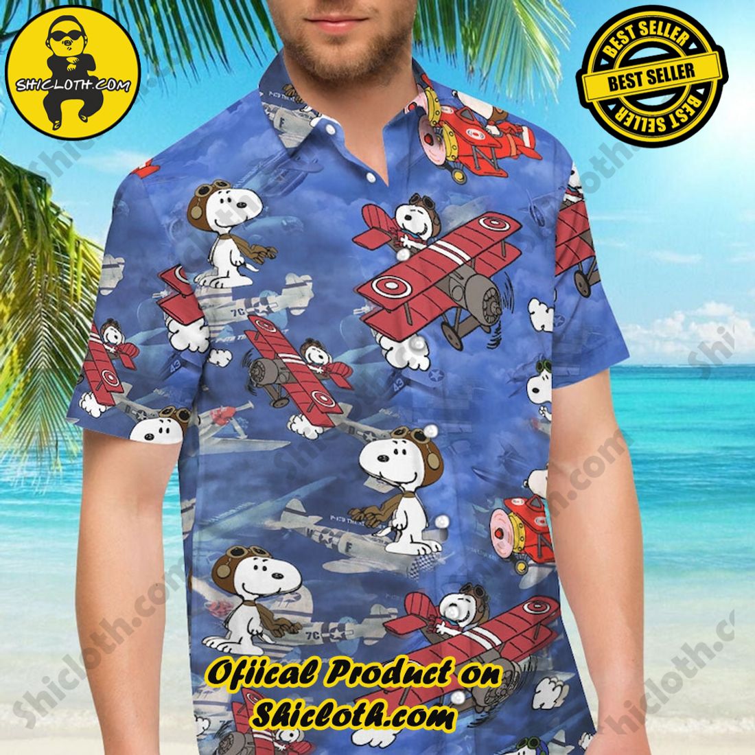 Alternative view of Hot Plane And Snoopy Vintage Peanuts Aloha Hawaiian Shirt And Short