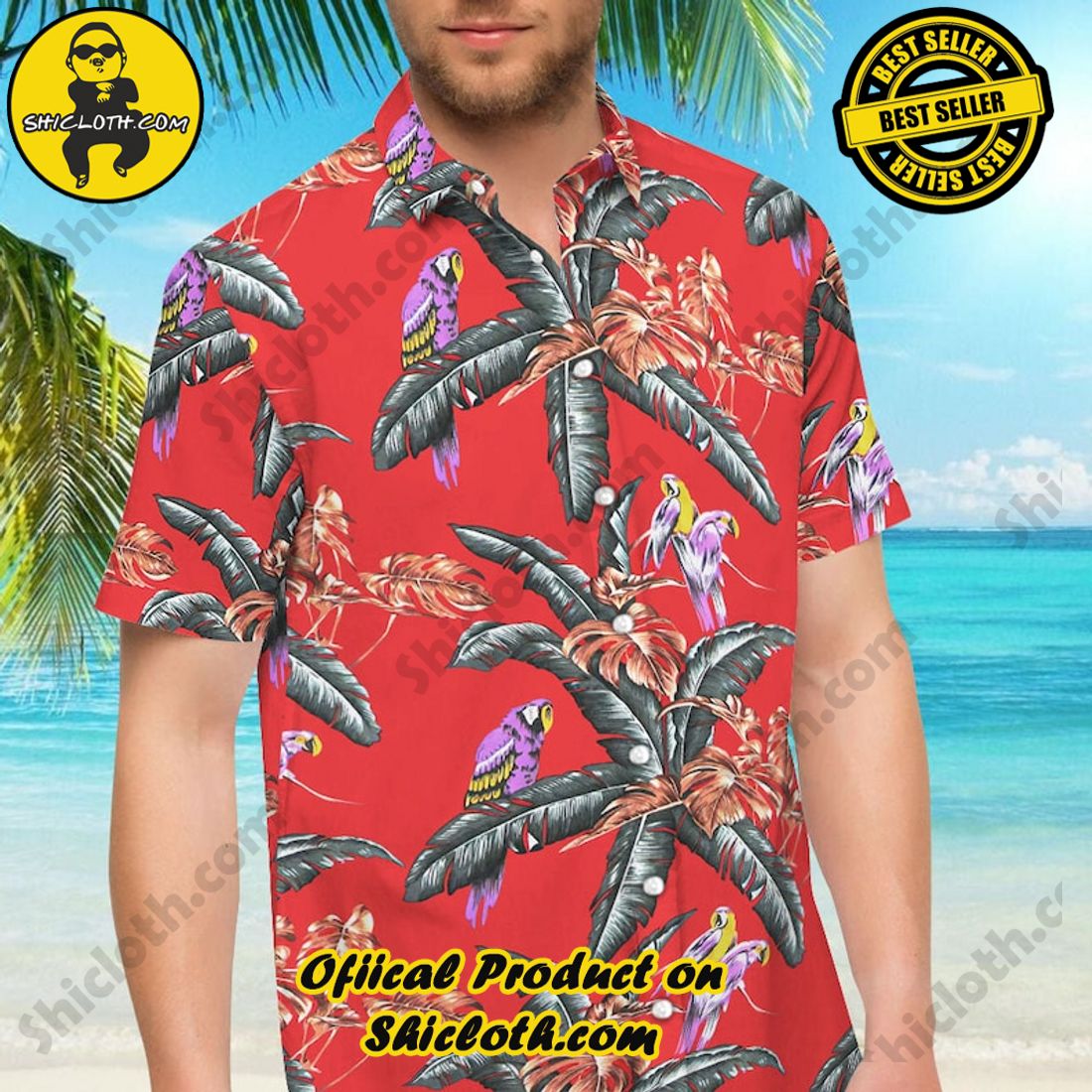 Alternative view of Magnum Pi Parrot Floral Tropical Red Hawaiian Shirt