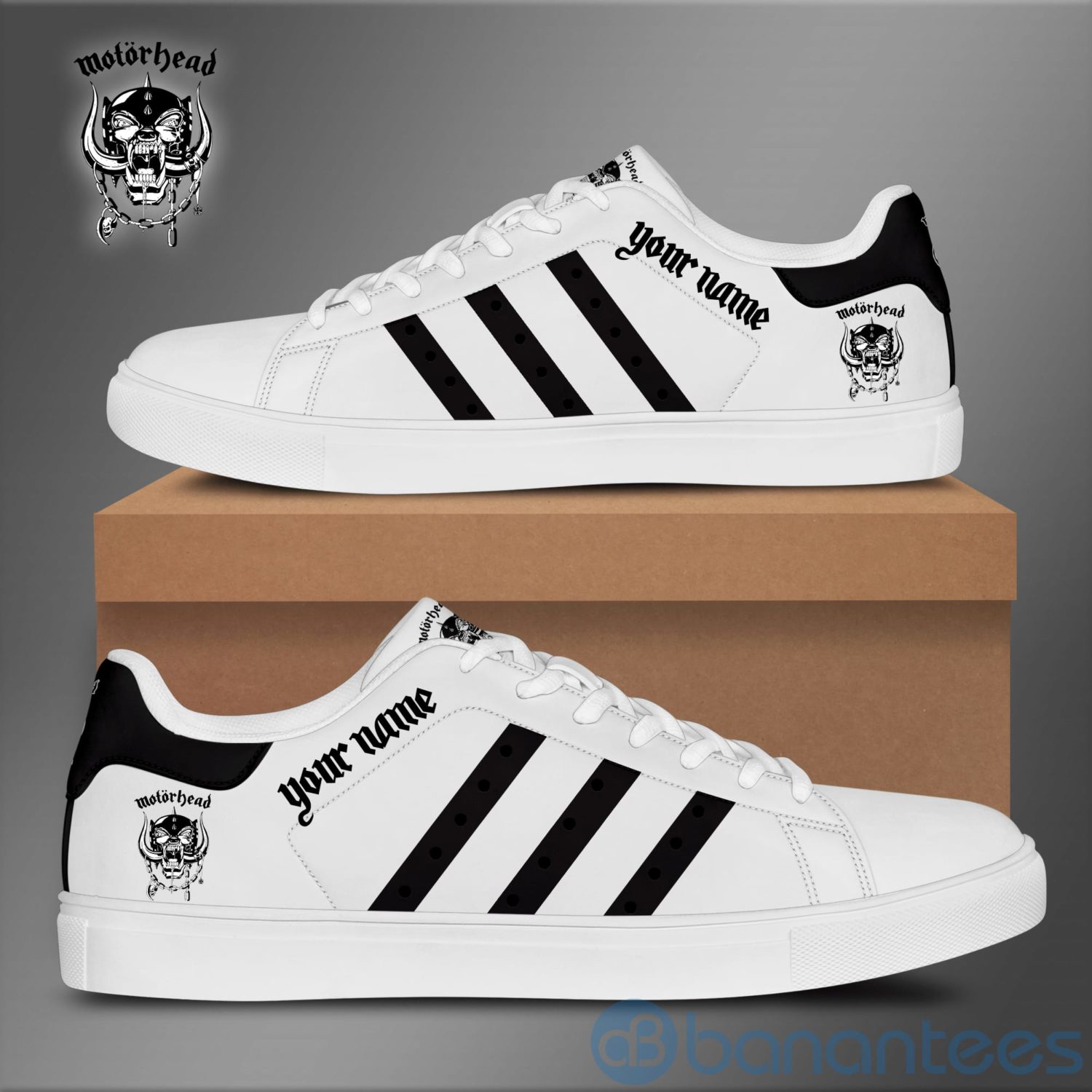 Step Up Your Style with Stan Smith Shoes: Available Now at Shicloth! 12 Motorhead Custom Name Black Striped White Adidas Stan Smith Low Top Shoes