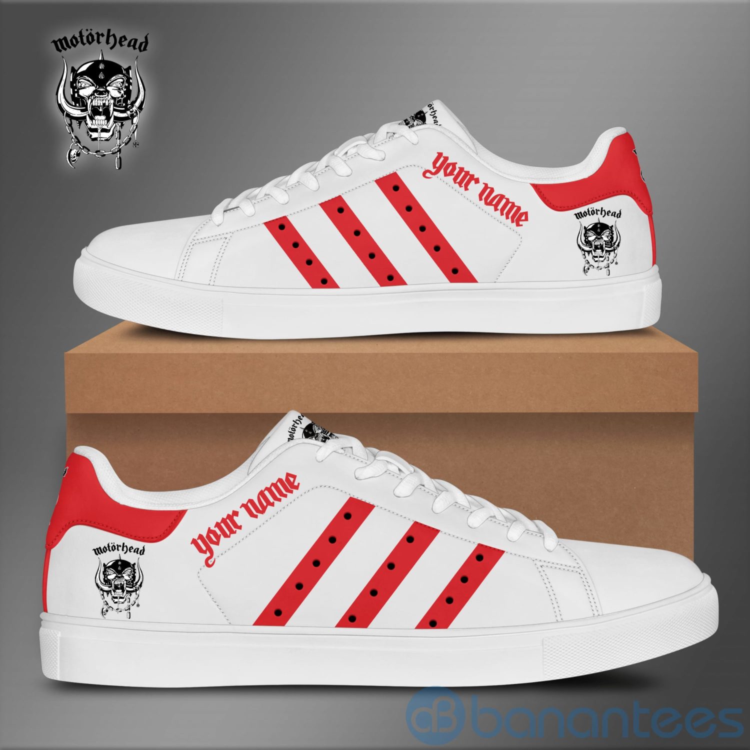 Step Up Your Style with Stan Smith Shoes: Available Now at Shicloth! 14 Motorhead Custom Name Red Striped White Adidas Stan Smith Low Top Shoes