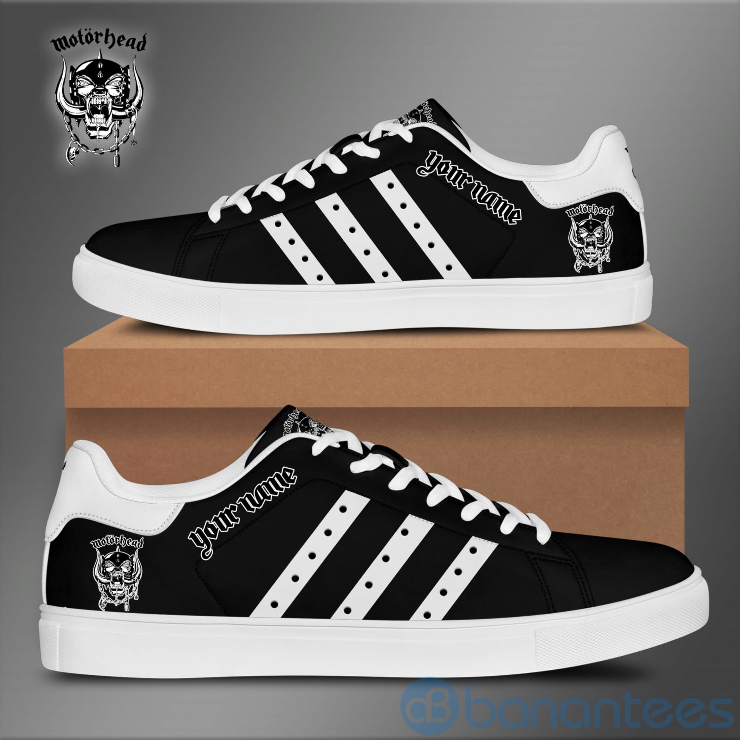 Step Up Your Style with Stan Smith Shoes: Available Now at Shicloth! 15 Motorhead Custom Name White Striped Black Adidas Stan Smith Low Top Shoes