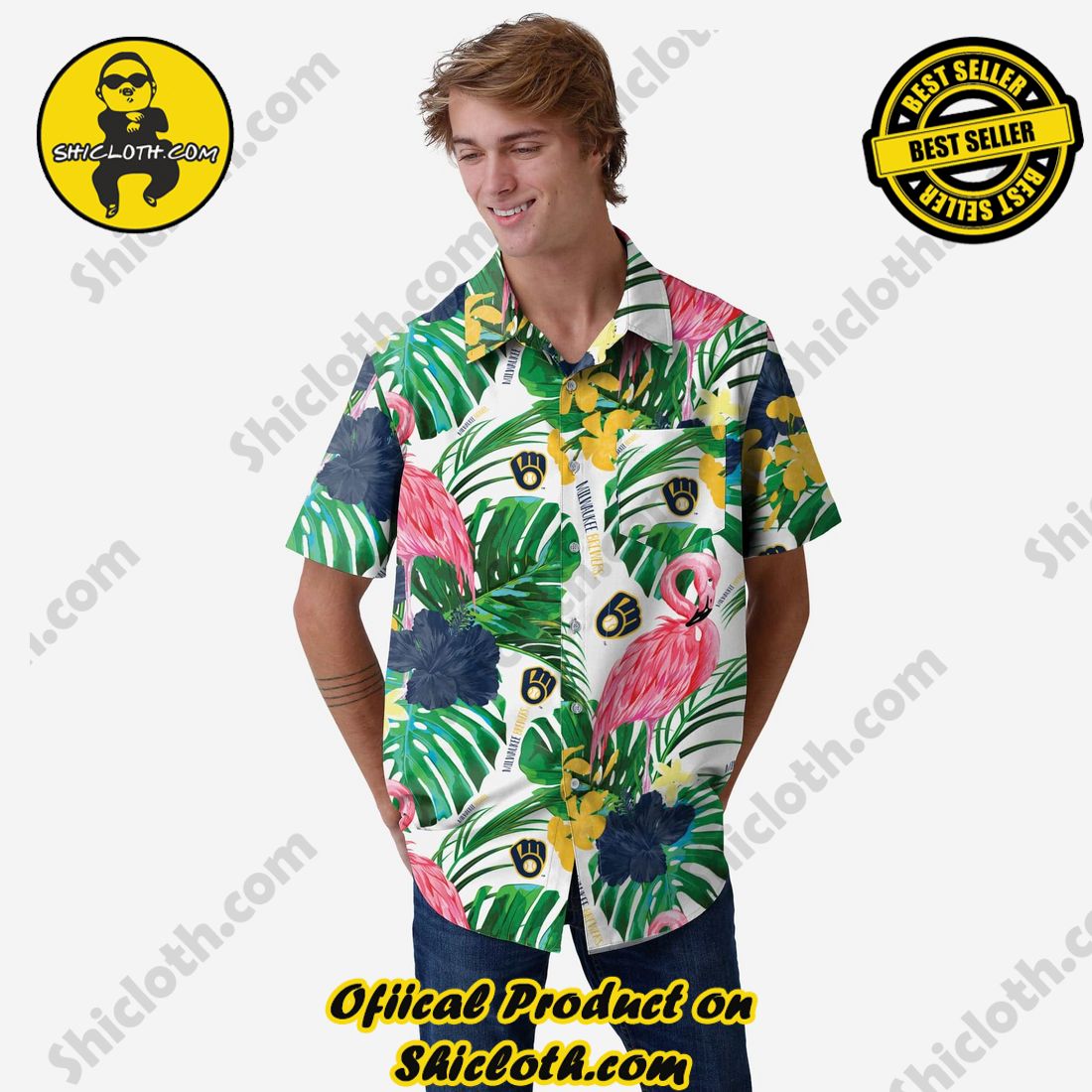 BEST SELLER Hawaiian Shirt And Short in Shicloth !!! Buy it now 6 Milwaukee Brewers Flamingo Button Up Shirt