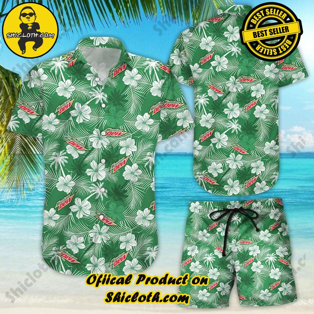 Mountain Dew Floral Aloha Green Hawaiian Shirt