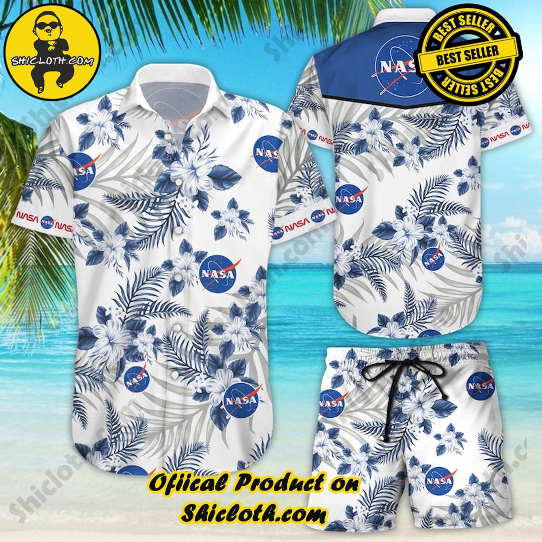 Nasa Floral Aloha White Blue Hawaiian Shirt